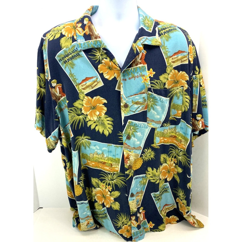 Breakwater Mens Size 2XL Hula Glee Wahine Blue Honolulu Hibicus Hawaiian Shirt